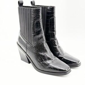 Halston Womens Black Croc Embossed Square Toe Block Heel Chelsea Boots Size 8